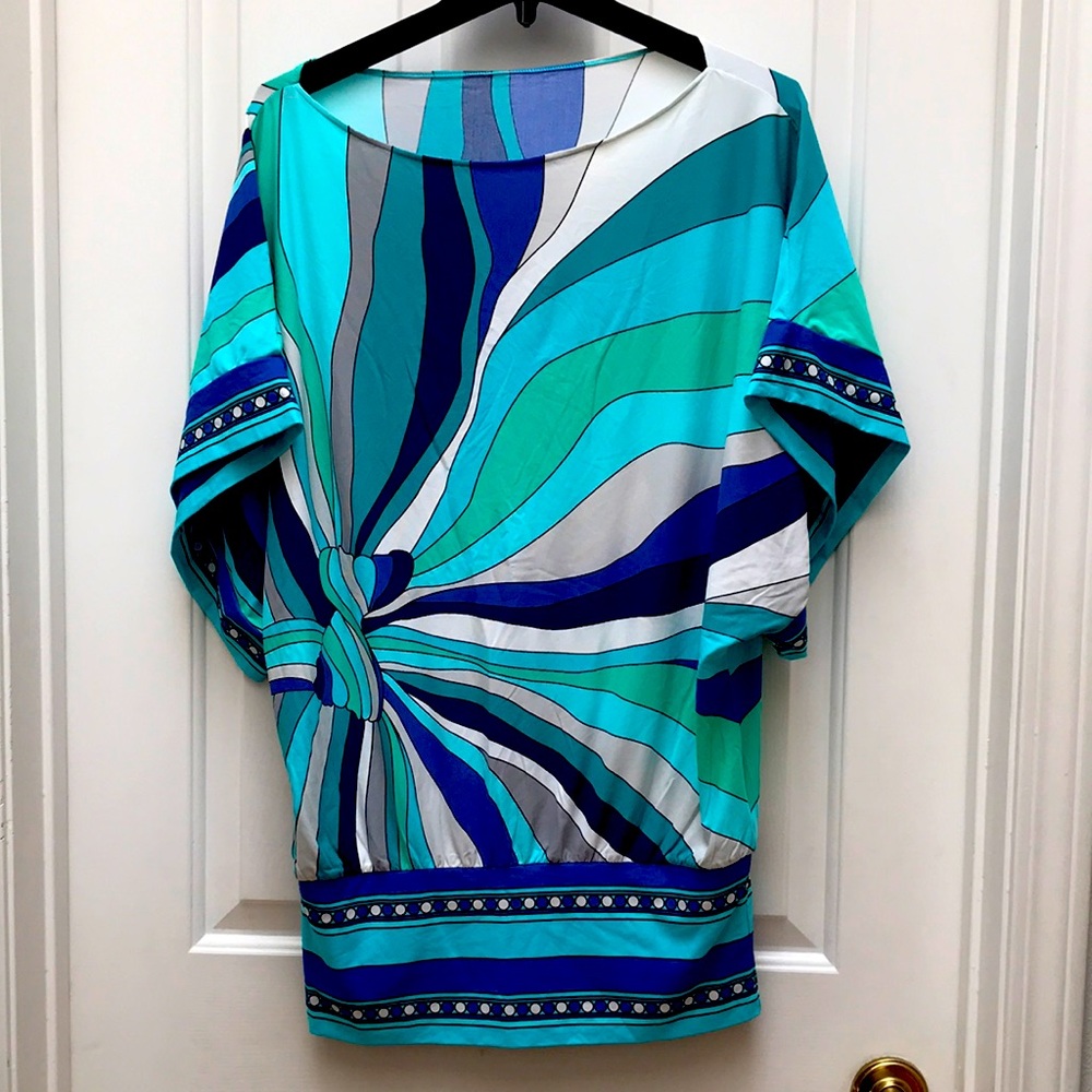 MICHAEL MICHAEL KORS Abstract Swirl Stretchy Tunic Top in Blue Tones PetiteS 🌊